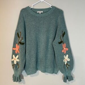 See And Be Seen Green Floral Embroidered Ruffle Cuff Sweater Large Boho Cottage